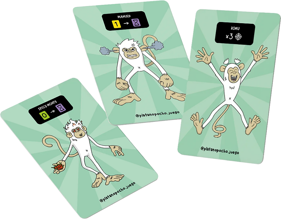 Cartas de personaje de Plátano Pocho: Manueh, Romu y Spicy Monty